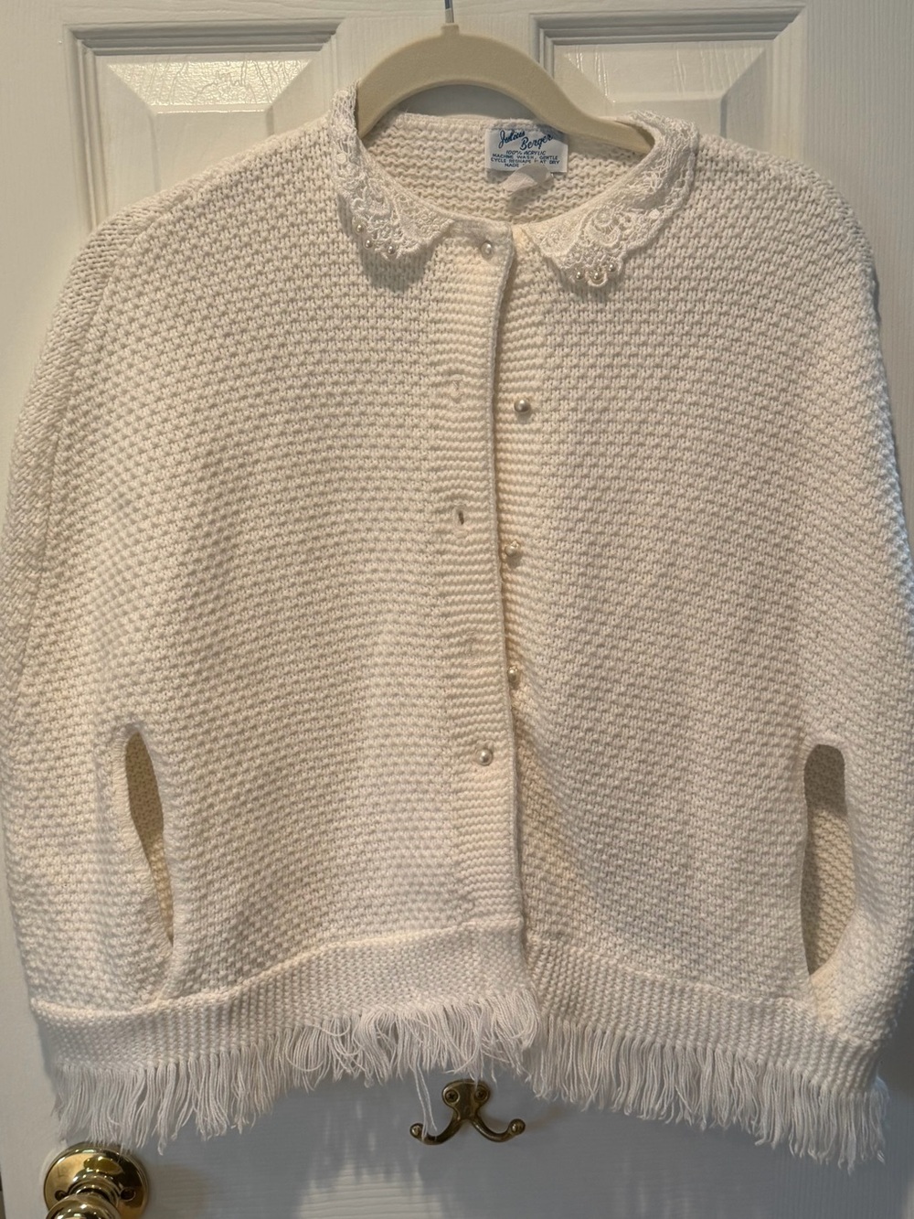Vintage Julius Berger White Knit Cardigan Shawl Lace Collar Fringe One Size